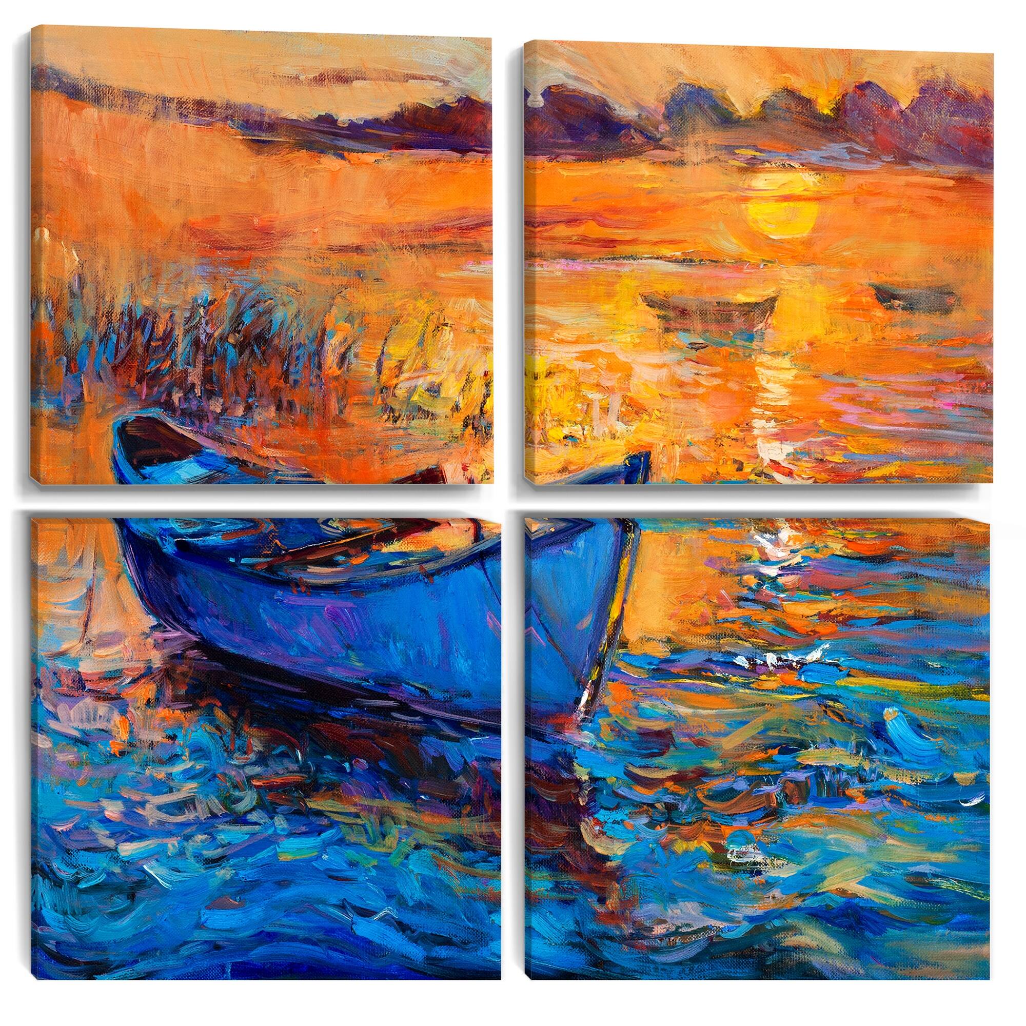 Designart "Blue Boats in Calm Sunset" Nautical Canvas Wall Art Print