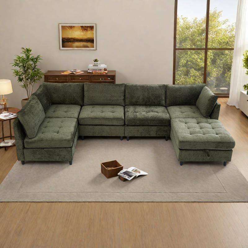 128" Chenille U-Shaped Modular Sectional Sofa with Storage Ottoman, Pocket Spring Support, and 6-Seat Configurable Design