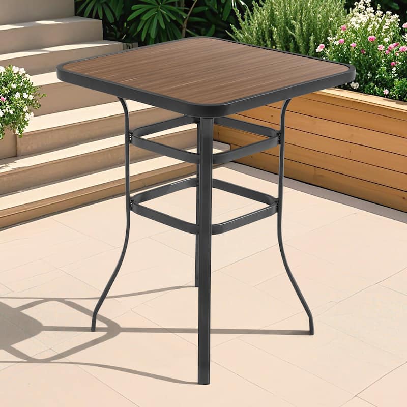 Outdoor Square Height Bar Table with Faux Wood Tabletop, Brown
