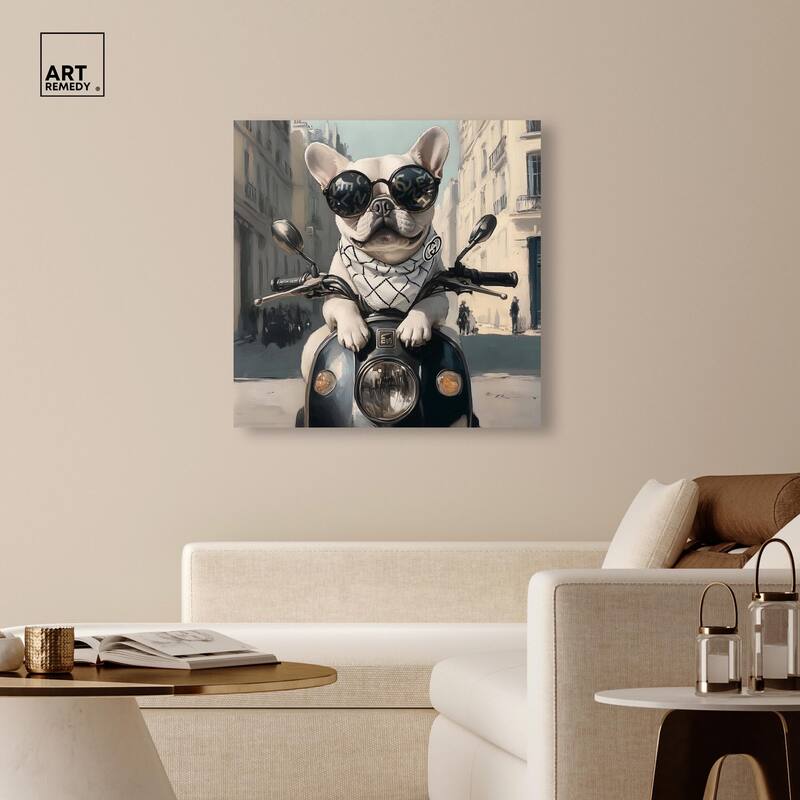 Frenchie on a Scooter Drive Canvas by Art Remedy, Gallery Wrapped
