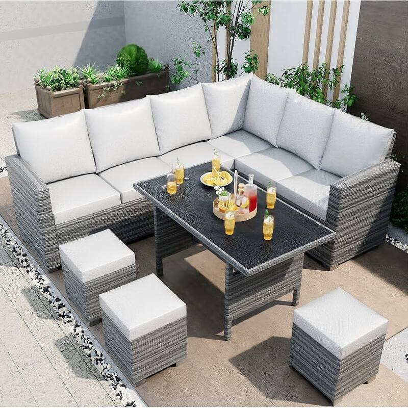 7-Piece Outdoor Patio Sectional Sofa Set with Dining Table – All-Weather PE Wicker Conversation Set - Gray