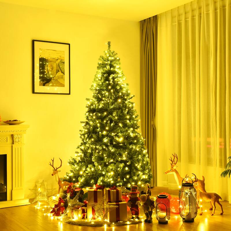 Gymax 7FT Pre-Lit Christmas Tree Hinged Artificial Tree w/ Colorful - 7 ft