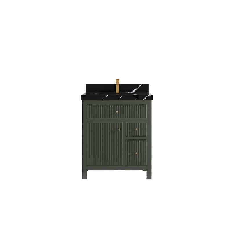 Willow Collections 30 in W x 22 in D Sonoma Free Standing Reeded Single Sink Bathroom Vanity with Countertop - 2" Calacatta Black - Pewter Green