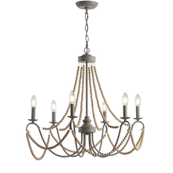 slide 7 of 12, Orbit 6-Light 27" Adjustable Greige Metal/Wood Bead LED Chandelier, Grey/Natural by JONATHAN Y Grey/Natural