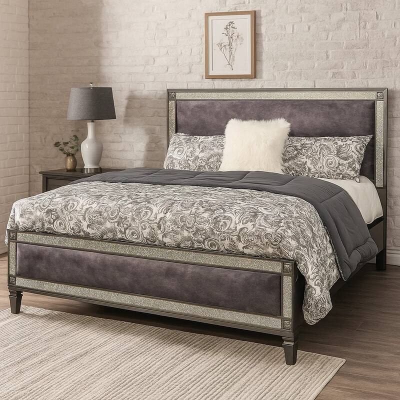 Laine Queen Bed, Glam Crystal Acrylic Trim, Gray Fabric Upholstered