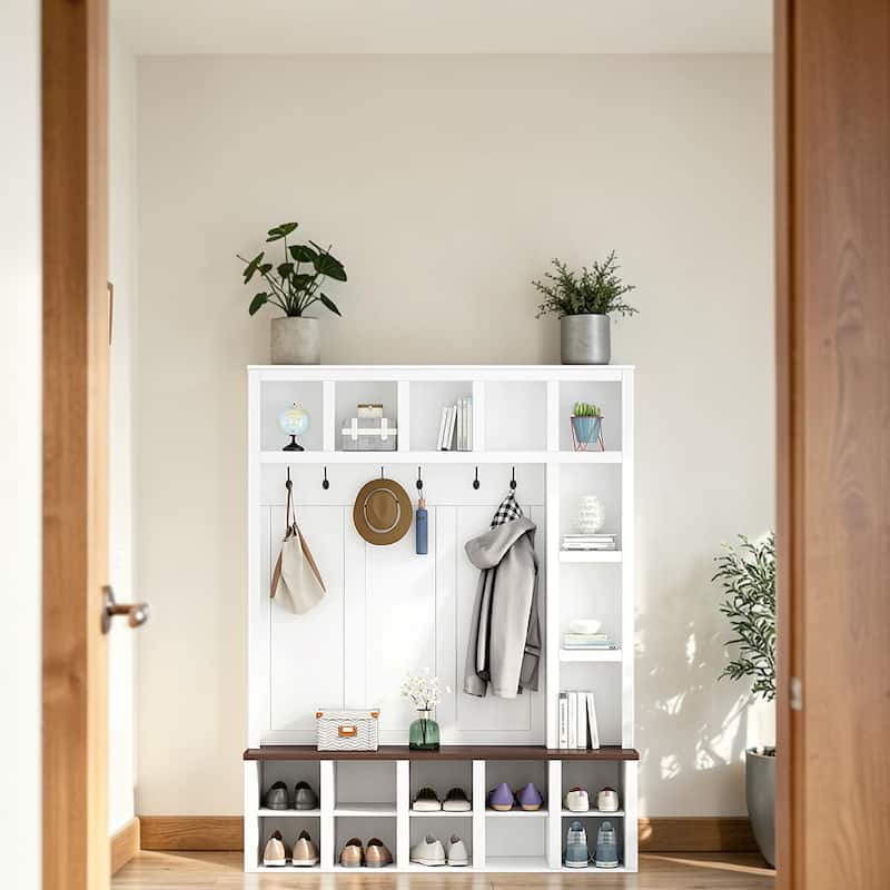 Farmhouse Entryway Hall Tree with Coat Rack, 13 Cubbies Shoe Storage, Adjustable Shelves & Walnut Bench