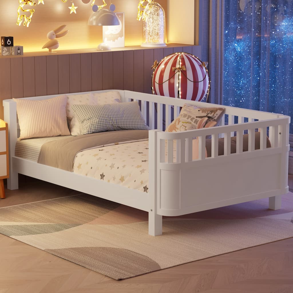 Twin Size Wood Platform Bed w/ Rails for Girls Boys - White