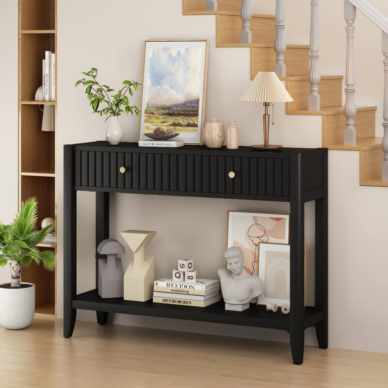 Narrow Console Table with Drawers & Shelf - Wood Accent Sofa Table in Black