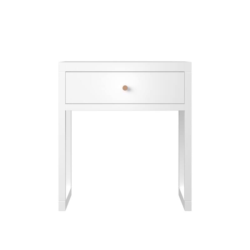 Modern White Nightstand With Drawer, Minimalist Bedside Table With Wood Knob, Compact End Table,Easy Assembly