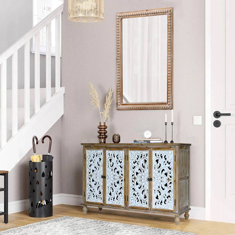 Wood Framed Rectangle Mirror - Farmhouse Beaded Design, Wall-Mounted Vanity Mirror - Antique Natural