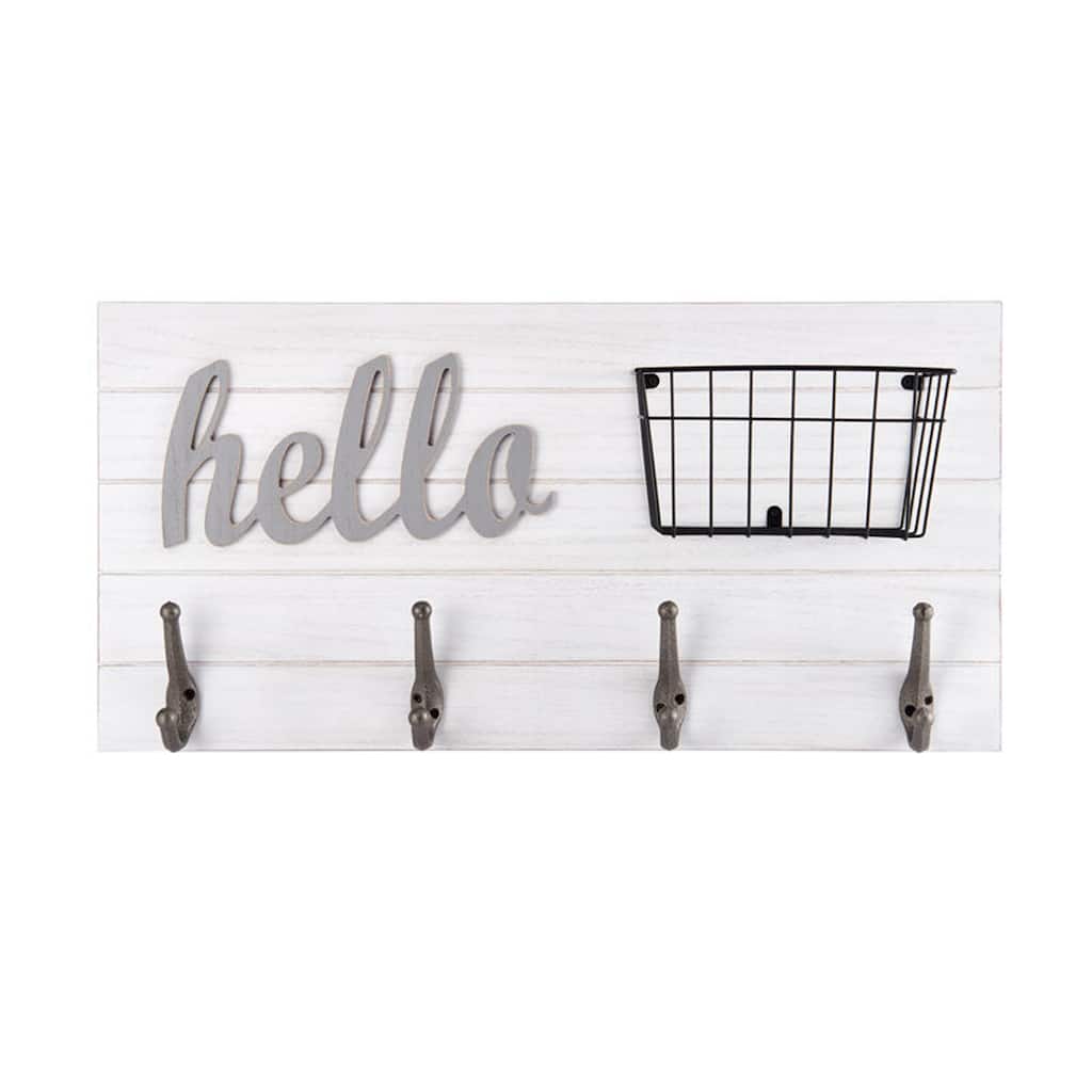 Melannco Hello Wall Plaque with Metal Hooks and a Basket, 24 Inch