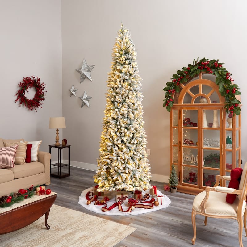 10ft Slim Artificial Christmas Tree with Lights - Winter Fir Tree, Flocked Holiday Decor, Realistic Tree - White - 120