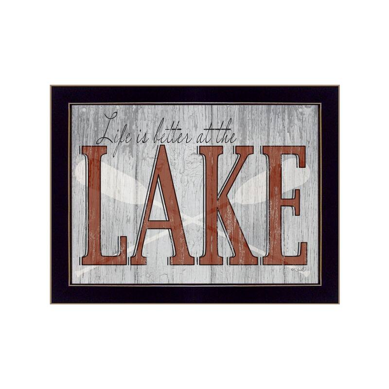 TrendyDecor4U "Life is Better at the Lake" Framed Print Wall Art by Kate Sherrill - Blue, Green, Pink - 14 x 18 - Black
