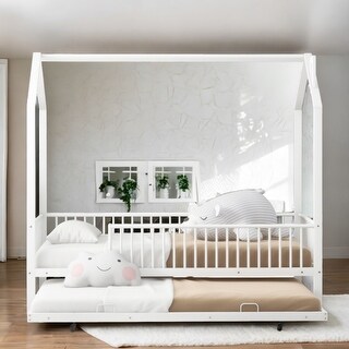 White House-Shaped Design Platform Bed with Fence and Twin Size Trundle