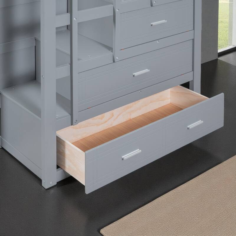 Full Over Full Bunk Bed with Twin Trundle and Storage Staircase, Solid Wood Frame, Space-Saving Design