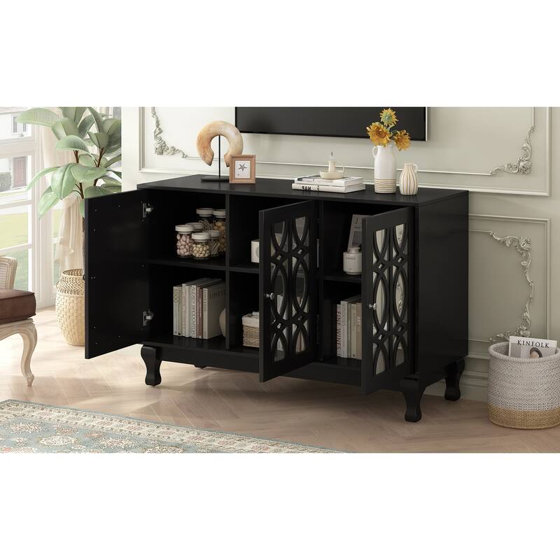 47" Mirrored TV Console for TVs up to 55", Floral Pattern Cabinet with Solid Wood Legs, 3-Door Storage & Adjustable Shelves