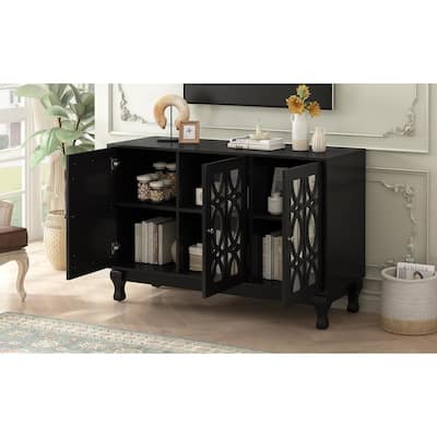 Modern Mirrored TV Stand for TV up to 55 Inches, Entertainment Center Solid Wood Legs,Metal Handle and 3 Adjustable Shelves