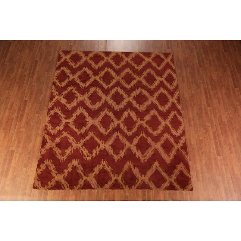 Hand Knotted Oriental 100% Wool Carpet Modern Geometric Red Moroccan Area Rug - 9' 7'' X 7' 11''