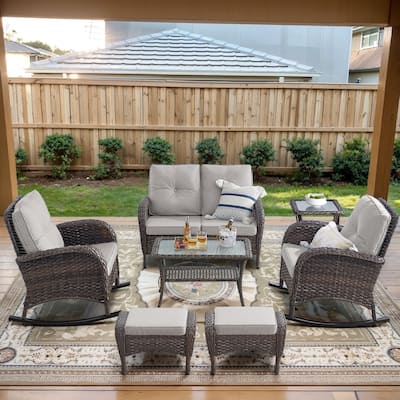 2 Rocker Chairs with Patio Sofa Coffee Table - Brown