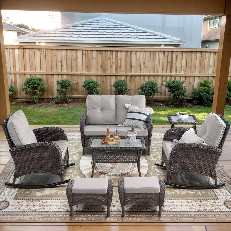 Patio Sofa Loveseat Sofa with Rocking Chairs - Beige - Brown