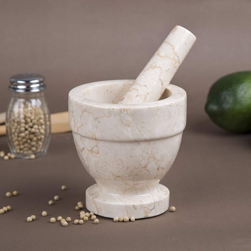 Creative Home Champagne Marble Mortar and Pestle Set, 4" Diam. x 4" H