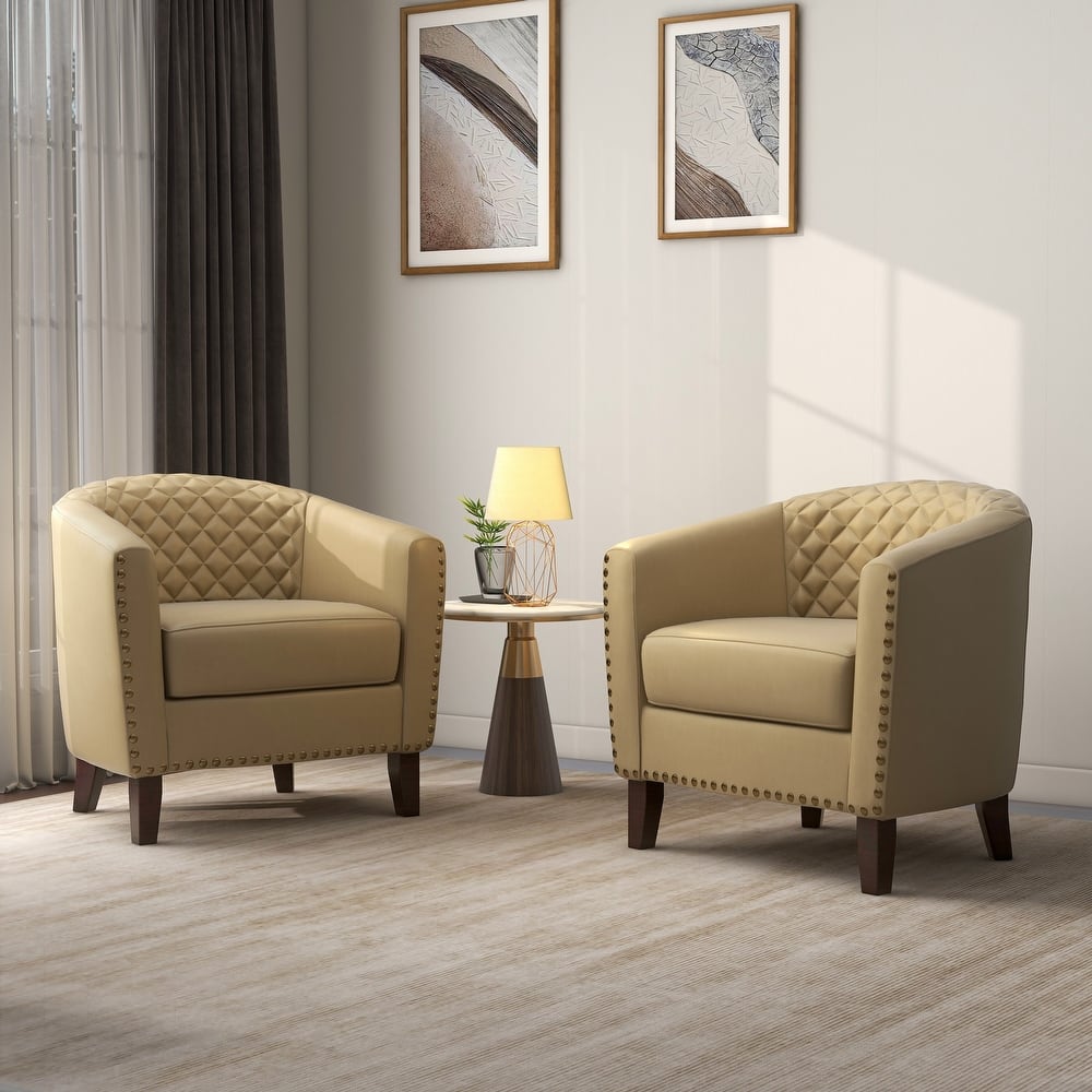 UIXE Mid-Century Leather Barrel Accent Chair With Nailheads Trim - 29" W