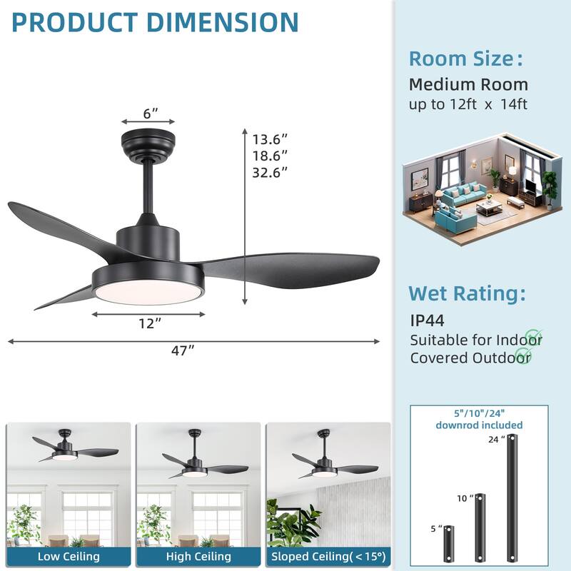 Sofucor 46''/47'' Strong Airflow High CFM Ceiling Fans with Lights and Remote Bedroom Noiseless ETL Fans
