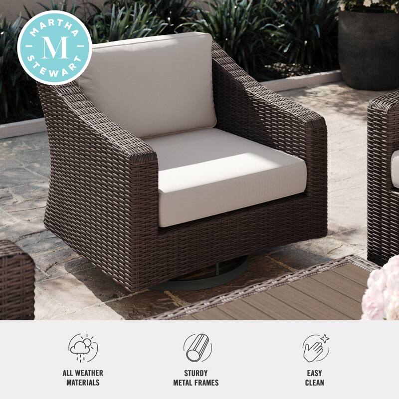 Martha Stewart 2PK Outdoor Rattan Wicker Swivel Chairs with All-Weather Cushions - 32"W x 34"D x 30"H