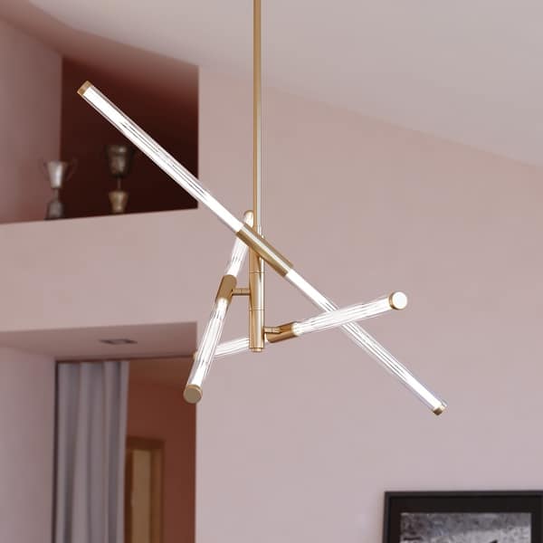 slide 2 of 11, Avalon 3L LED Contemporary Pendant Light White Acrylic Adjustable Arms Muted Brass - 27-in W x 21.25-in H x 27-in D