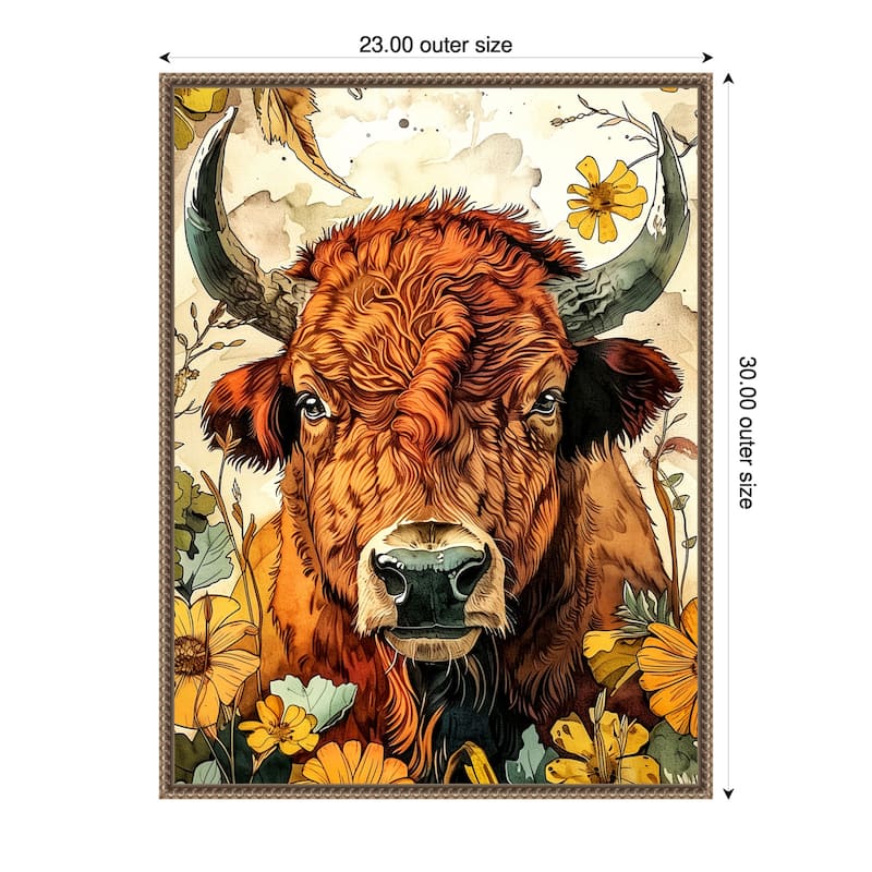 Buffalo in Flowers by Justyna Jaszke Framed Canvas Wall Art - 23 x 30 in