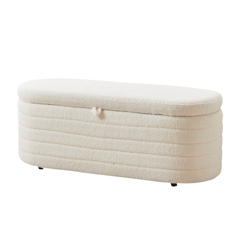 45" White Teddy Storage Ottoman Bench for Living Room Bedroom,Oval Sherpa Storage Bench Ottoman Foot Rest Anti-slip Legs
