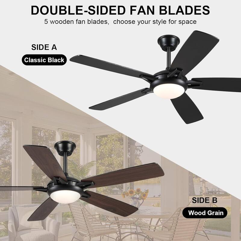 52" Modern Ceiling Fan with Light and Remote 5 Plywood Blades 3 Color LED for Bedroom Living Room Patio - 52 Inches