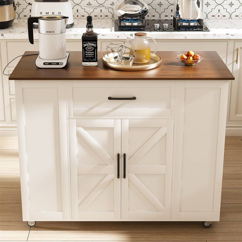 Movable Wood Top Kitchen Island w/ Power Outlet and Adjustable Shelf