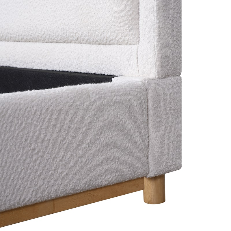 Modern King Size Bed Frame with Curved Headboard, Boucle Upholstery, and Solid Wood Base