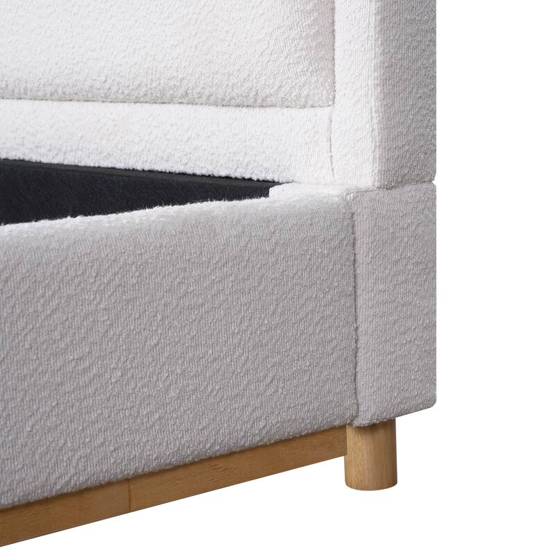 White Platform Bed Wingback Frame with Boucle Upholstered Curved Headboard, Solid Wood Base Low Profile Bed
