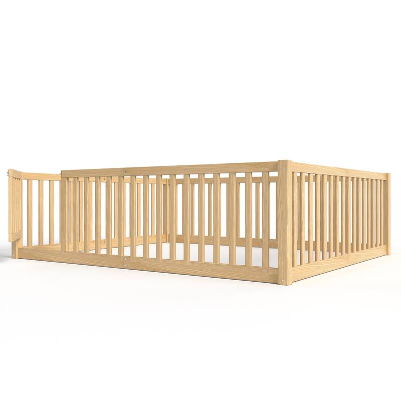 Montessori Floor Bed with Safety Guardrails & Door, Kids Low Profile Frame, Available in Queen/Full/Twin