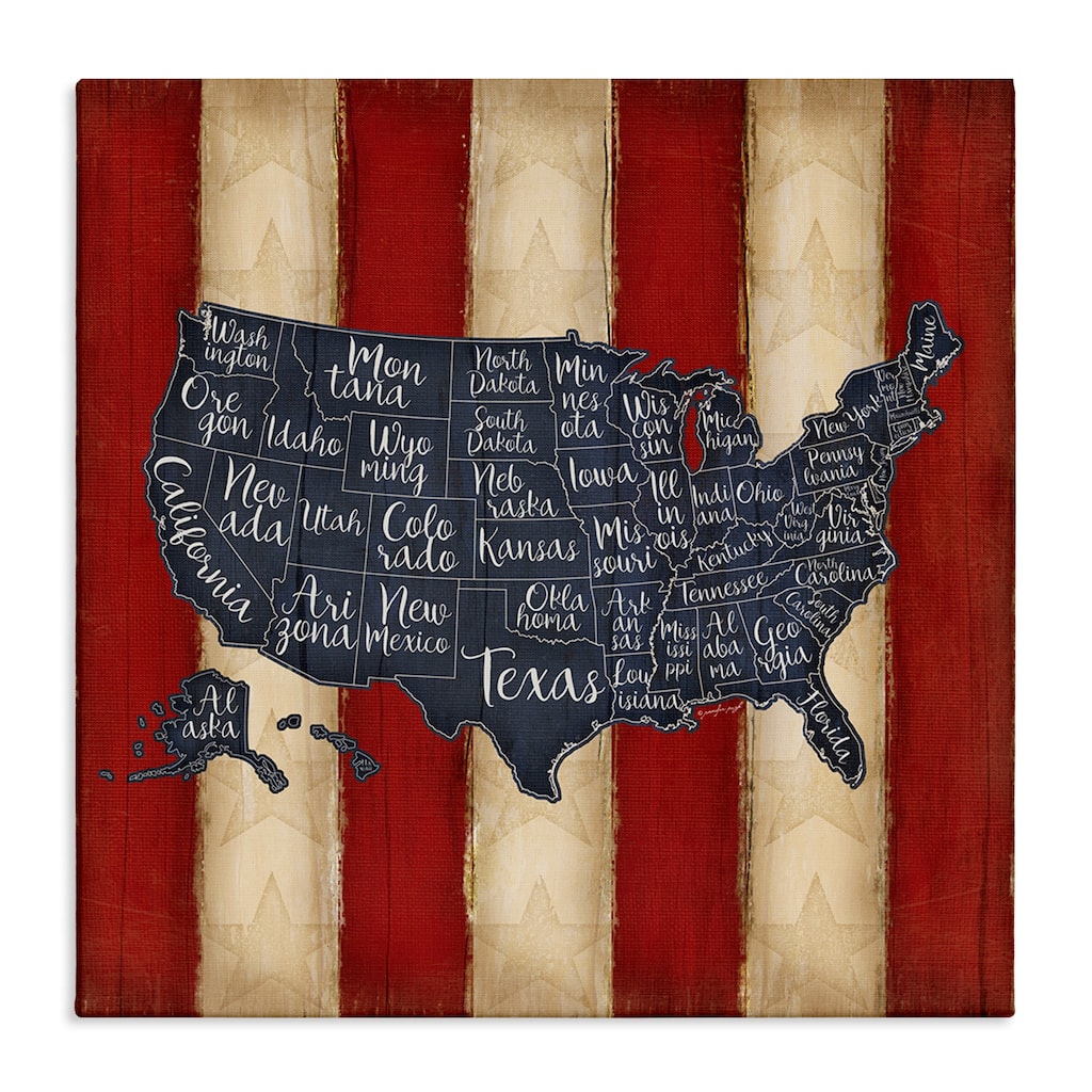Stupell United States Map Red White Blue Stretched Canvas Wall Art