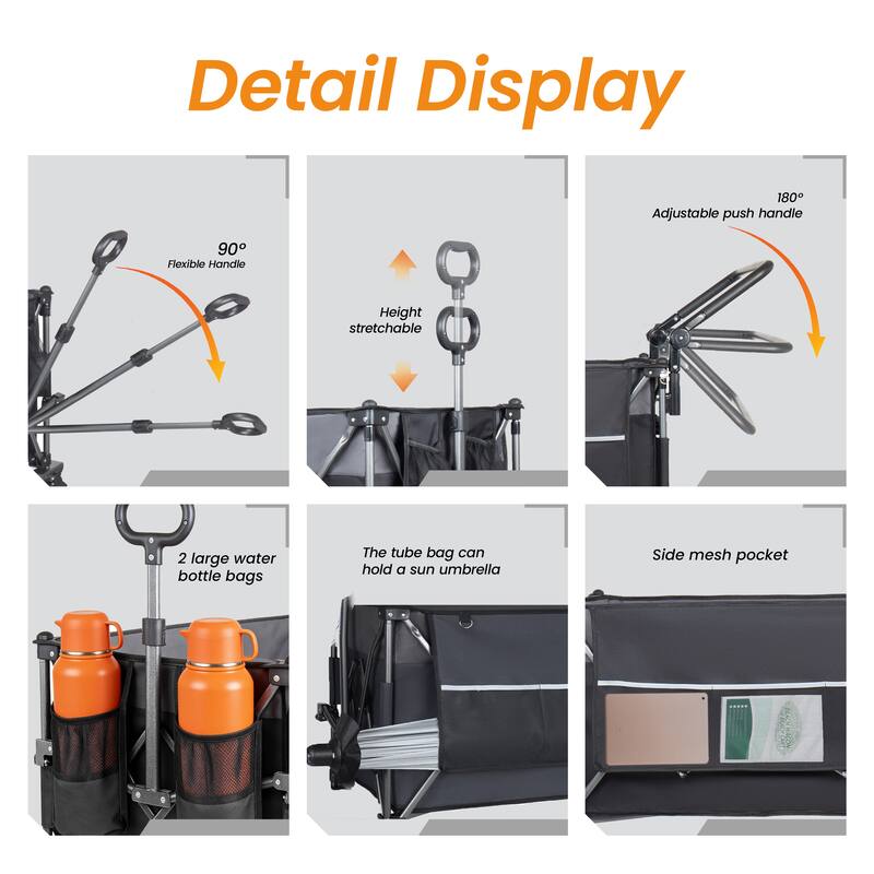 Multi-Functional Push-Pull Folding Wagon Cart with Rotating Handle & Canopy,7"x4"All-Terrain Wheels & Brakes,300L Large Capacity