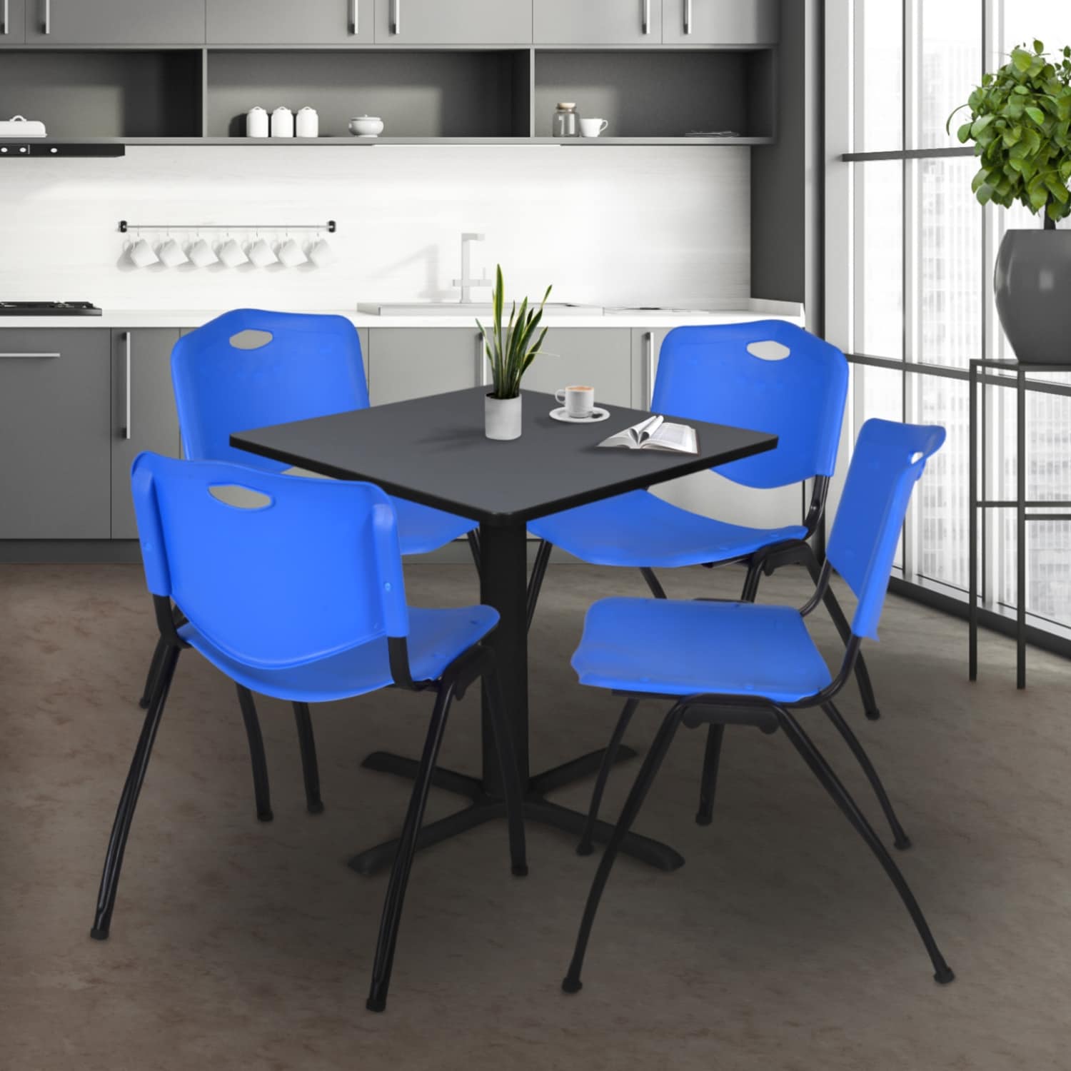 36" Square Breakroom Table- Grey & 4 'M' Stack Chairs- Blue - Grey, Blue - 36