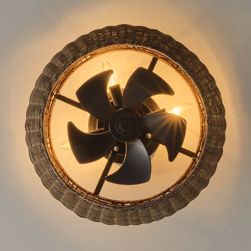 20-inch Boho Distressed Black Chandelier Flush Mount Ceiling Fan with Remote and Hand-Woven Rattan Shade - 19.7" W x 7.08" H