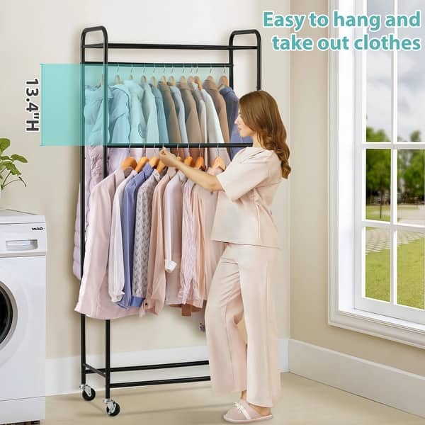Double Rod Long Clothing Rack,Heavy Duty Rolling Garment Rack with Top  Shelves,Portable Closet Wardrobe Clothes Rack with Wheels - Bed Bath &  Beyond - 40646339