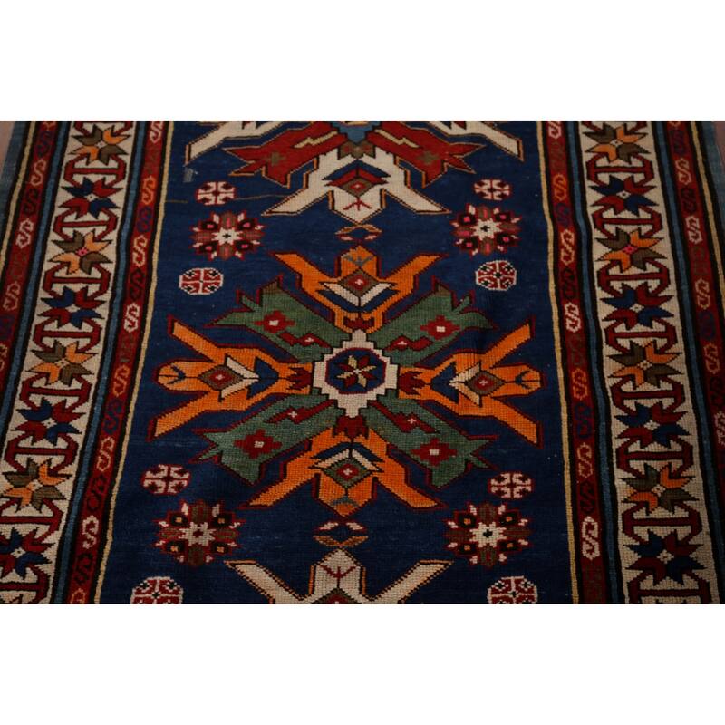 Navy Blue Geometric Kazak Vegetable Dye Wool Carpet - 3'5" x 5'2"