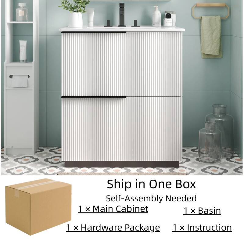 30" Bathroom Vanity with Ceramic Sink, Full-Extension Drawers, Soft-Close Undermount Slides, Fluted Design