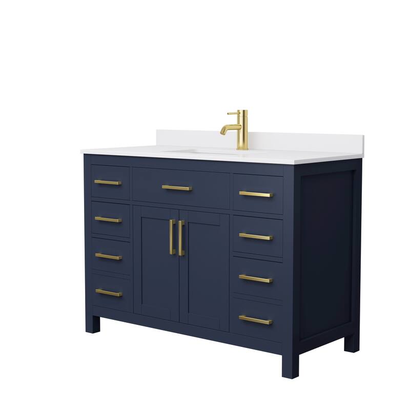 Beckett 48 Inch Single Vanity, Cultured Marble Top - Dark Blue, Gold Trim, White Cultured Marble Top