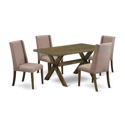HomeStock 5-Piece Rectangle Distressed Jacobean Finish Solid Wood Top Dining Table with 4 Upholstered-Chairs with Lattice Back