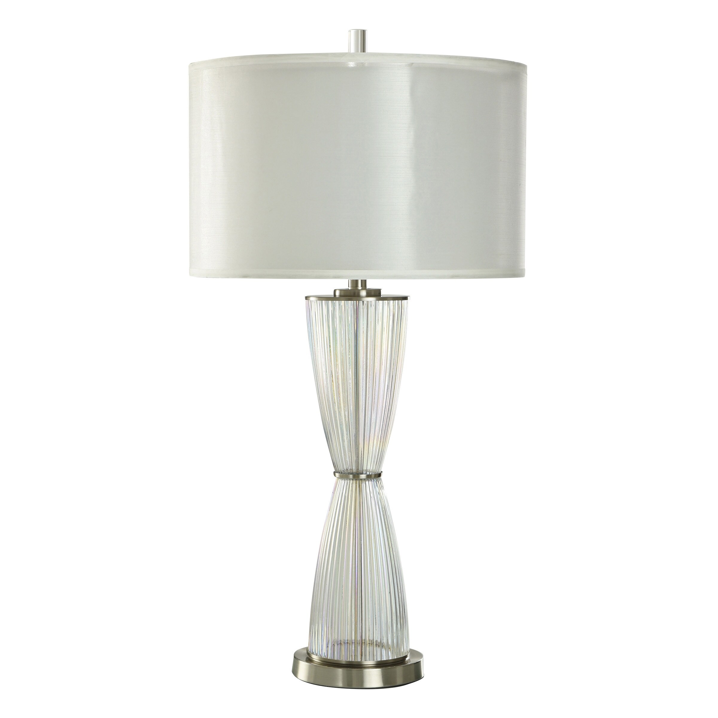 Luster Silver Table Lamp - Ribbed Glass and Polished Nickel Body - White Satin Shade