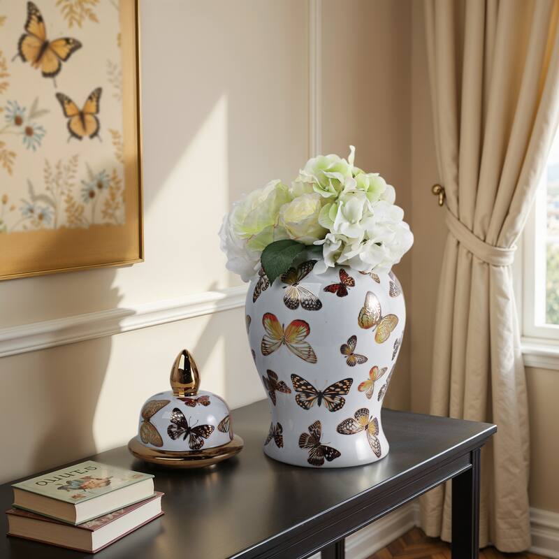 Ceramic Decorative Temple Jar with Lid and Metallic Butterfly Motif