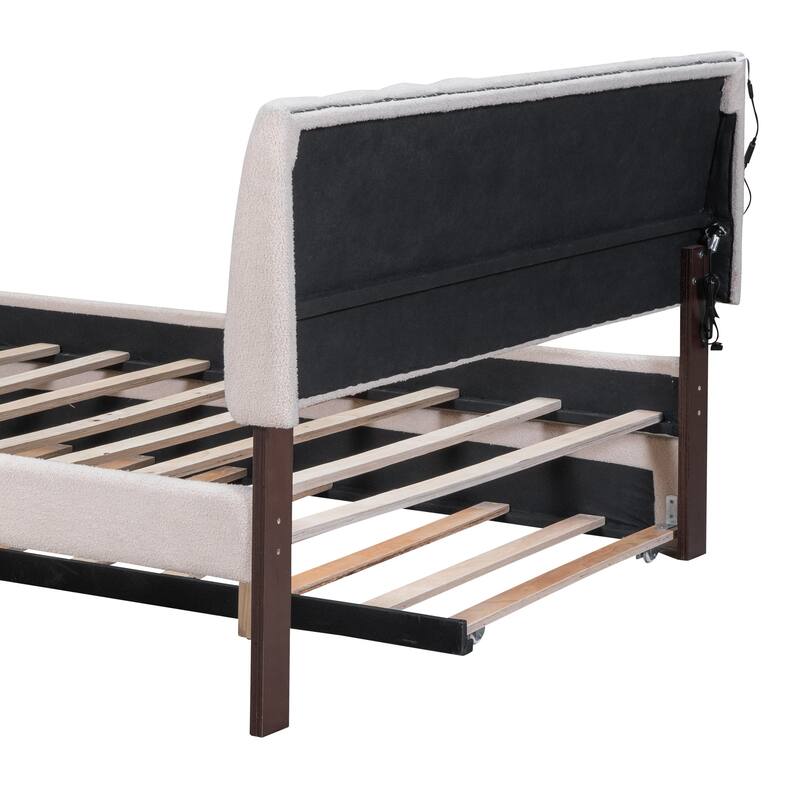 Full Size Upholstered Bed with Twin Trundle, Teddy Fleece Fabric, and Remote-Controlled LED Lights