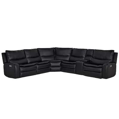 6PCS, 2 Power Recliners, Faux Leather Sectional with Adjustable Headrests, Dodble Width Seat, Wireless Charging and Reading Lamp