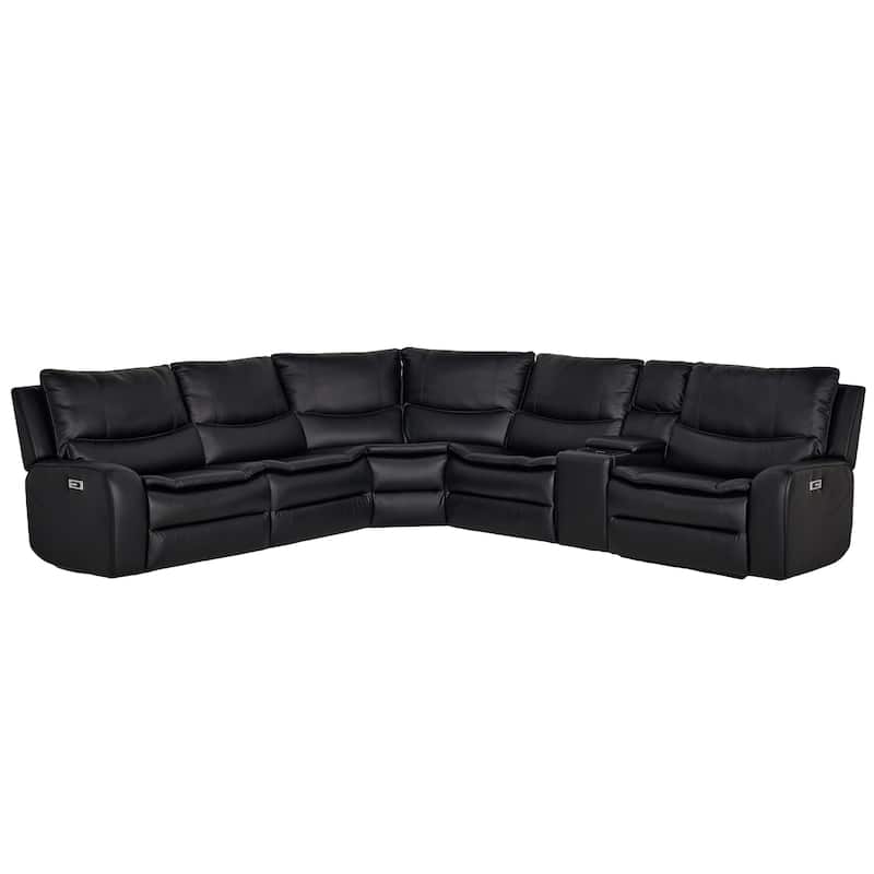 6PCS, 2 Power Recliners, Faux Leather Sectional with Adjustable Headrests, Dodble Width Seat, Wireless Charging and Reading Lamp - Black